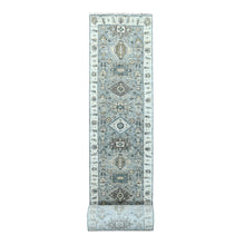 Load image into Gallery viewer, 2&#39;8&quot;x27&#39;9&quot; Rock Ridge Gray With Alabaster White Border, Soft Pile and Velvety Wool, Natural Dyes, Hand Knotted Karajeh Geometric Design, Oriental XL Runner Rug FWR509892