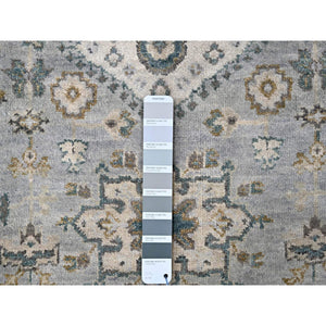 2'8"x27'9" Rock Ridge Gray With Alabaster White Border, Soft Pile and Velvety Wool, Natural Dyes, Hand Knotted Karajeh Geometric Design, Oriental XL Runner Rug FWR509892