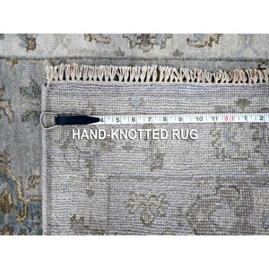 2'8"x27'9" Rock Ridge Gray With Alabaster White Border, Soft Pile and Velvety Wool, Natural Dyes, Hand Knotted Karajeh Geometric Design, Oriental XL Runner Rug FWR509892