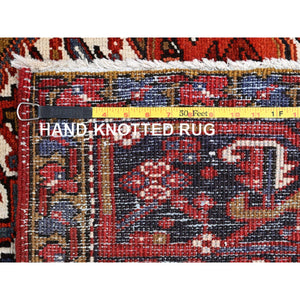 9'10"x13' Turkey Red, Good Condition, Rustic Feel, Worn Wool, Hand Knotted, Semi Antique Persian Heriz with Tribal Ambience, Oriental Rug FWR513414