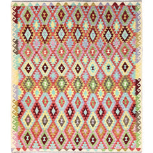 Load image into Gallery viewer, 8&#39;4&quot;x9&#39;3&quot; Floral White, 100% Wool, Natural Dyes, Flat Weave, Hand Woven, Reversible, Afghan Kilim with All Over Colorful Geometric Diamond Pattern, Oriental Rug FWR514164