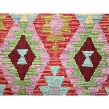 Load image into Gallery viewer, 8&#39;4&quot;x9&#39;3&quot; Floral White, 100% Wool, Natural Dyes, Flat Weave, Hand Woven, Reversible, Afghan Kilim with All Over Colorful Geometric Diamond Pattern, Oriental Rug FWR514164