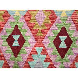 8'4"x9'3" Floral White, 100% Wool, Natural Dyes, Flat Weave, Hand Woven, Reversible, Afghan Kilim with All Over Colorful Geometric Diamond Pattern, Oriental Rug FWR514164