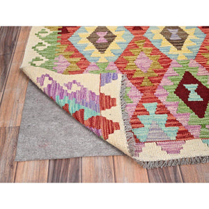 8'4"x9'3" Floral White, 100% Wool, Natural Dyes, Flat Weave, Hand Woven, Reversible, Afghan Kilim with All Over Colorful Geometric Diamond Pattern, Oriental Rug FWR514164