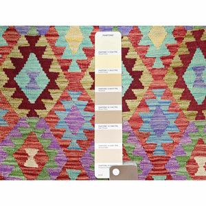 8'4"x9'3" Floral White, 100% Wool, Natural Dyes, Flat Weave, Hand Woven, Reversible, Afghan Kilim with All Over Colorful Geometric Diamond Pattern, Oriental Rug FWR514164