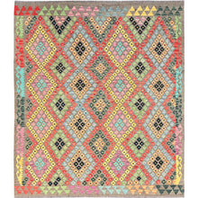 Load image into Gallery viewer, 8&#39;6&quot;x9&#39;6&quot; Taupe, 100% Wool, Afghan Kilim with Colorful All Over Geometric Pattern, Natural Dyes, Flat Weave, Hand Woven, Reversible, Oriental Rug FWR514176