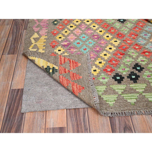 8'6"x9'6" Taupe, 100% Wool, Afghan Kilim with Colorful All Over Geometric Pattern, Natural Dyes, Flat Weave, Hand Woven, Reversible, Oriental Rug FWR514176