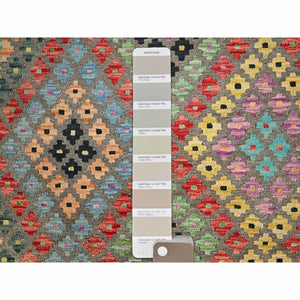 8'6"x9'6" Taupe, 100% Wool, Afghan Kilim with Colorful All Over Geometric Pattern, Natural Dyes, Flat Weave, Hand Woven, Reversible, Oriental Rug FWR514176