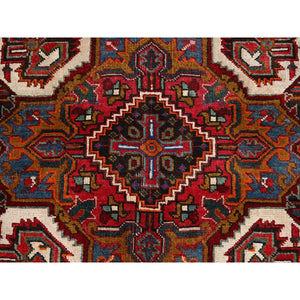 6'9"x9'4" Merlot Red, Rustic Look, Evenly Worn Wool, Hand Knotted, Semi Antique Persian Heriz with Geometric Pattern, Good Condition, Oriental Rug FWR515394