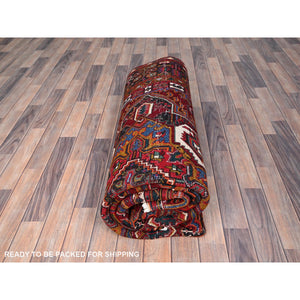 6'9"x9'4" Merlot Red, Rustic Look, Evenly Worn Wool, Hand Knotted, Semi Antique Persian Heriz with Geometric Pattern, Good Condition, Oriental Rug FWR515394