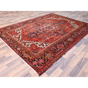 7'x9'1" Scarlet Red, Semi Antique Natural Wool Persian Heriz Large central Geometric Motifs, Good Condition, Sides and Ends Professionally Secured, Cleaned, Oriental Rug FWR515406