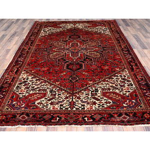 6'7"x9'3" Vivid Auburn Red, Hand Knotted Vintage Persian Evenly Worn Pure Wool Heriz, Good Condition, Sides and Ends Professionally Secured, Cleaned, Oriental Rug FWR515418