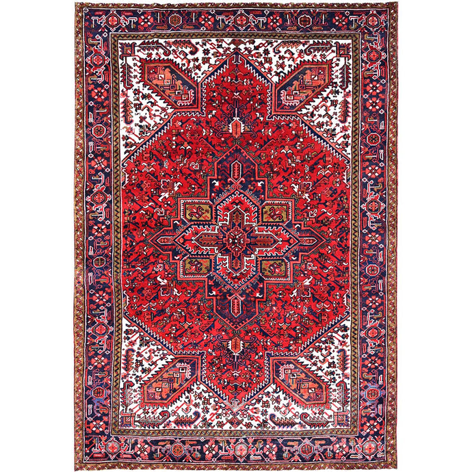 7'x10' Candy Apple Red, Sides and Ends Professionally Secured, Cleaned, Semi Antique Evenly Worn Persian Heriz, Good Condition, Natural Wool, Hand Knotted, Oriental Rug FWR515538