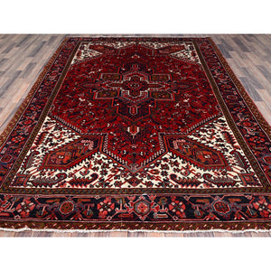 7'x10' Candy Apple Red, Sides and Ends Professionally Secured, Cleaned, Semi Antique Evenly Worn Persian Heriz, Good Condition, Natural Wool, Hand Knotted, Oriental Rug FWR515538