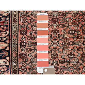 2'9"x9'4" Rose Pink With Raven Black Border, Natural Wool Hand Knotted Old Persian Hussainabad With Great Condition, Evenly Worn, Cleared, Sides and Ends Professionally Secured, Wide Runner Oriental Rug FWR515784