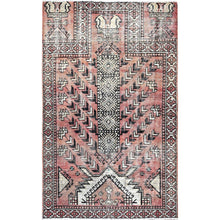 Load image into Gallery viewer, 3&#39;7&quot;x6&#39; Burnt Henna Brown, Semi Antique Persian Baluch Village Design, Vibrant Wool, Hand Knotted Evenly Worn Distressed Look, Sides and Ends Professionally Secured, Cleaned, Cropped Thin Great Condition, Oriental Rug FWR515844