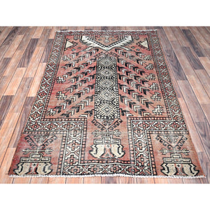 3'7"x6' Burnt Henna Brown, Semi Antique Persian Baluch Village Design, Vibrant Wool, Hand Knotted Evenly Worn Distressed Look, Sides and Ends Professionally Secured, Cleaned, Cropped Thin Great Condition, Oriental Rug FWR515844