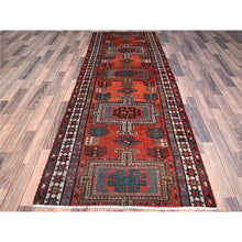 Load image into Gallery viewer, 3&#39;5&quot;x9&#39;8&quot; Sunset Dragon Fire Orange, Semi Antique Persian Heriz, Cleaned, Sides and Ends Professionally Secured, Good Condition, Hand Knotted Distressed Natural Wool Wide and Long Runner Oriental Rug FWR515934