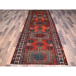 3'5"x9'8" Sunset Dragon Fire Orange, Semi Antique Persian Heriz, Cleaned, Sides and Ends Professionally Secured, Good Condition, Hand Knotted Distressed Natural Wool Wide and Long Runner Oriental Rug FWR515934