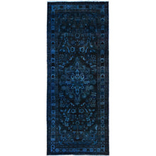 Load image into Gallery viewer, 3&#39;4&quot;x8&#39;5&quot; Gibraltar Sea Blue, Overdyed Distressed Look Hand Knotted Sheared Low, Evenly Worn Abrash Pure Wool, Good condition, Vintage Persian Bakhtiari, Sides and Ends Secured, Professionally Cleaned, Wide Runner Oriental Rug FWR516078