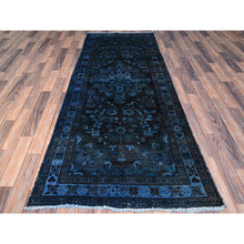 Load image into Gallery viewer, 3&#39;4&quot;x8&#39;5&quot; Gibraltar Sea Blue, Overdyed Distressed Look Hand Knotted Sheared Low, Evenly Worn Abrash Pure Wool, Good condition, Vintage Persian Bakhtiari, Sides and Ends Secured, Professionally Cleaned, Wide Runner Oriental Rug FWR516078