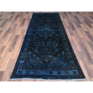 3'4"x8'5" Gibraltar Sea Blue, Overdyed Distressed Look Hand Knotted Sheared Low, Evenly Worn Abrash Pure Wool, Good condition, Vintage Persian Bakhtiari, Sides and Ends Secured, Professionally Cleaned, Wide Runner Oriental Rug FWR516078