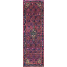 Load image into Gallery viewer, 3&#39;4&quot;x10&#39;8&quot; Dahlia Mauve Purple, Overdyed, Hand Knotted Old Persian Hamadan, Good Condition Evenly Worn 100% Wool, Sides and Ends Professionally Secured and Cleaned, Oriental Distressed Look Wide and Long Runner Rug FWR516090