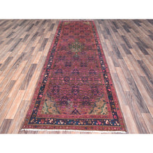 Load image into Gallery viewer, 3&#39;4&quot;x10&#39;8&quot; Dahlia Mauve Purple, Overdyed, Hand Knotted Old Persian Hamadan, Good Condition Evenly Worn 100% Wool, Sides and Ends Professionally Secured and Cleaned, Oriental Distressed Look Wide and Long Runner Rug FWR516090