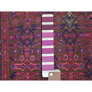 3'4"x10'8" Dahlia Mauve Purple, Overdyed, Hand Knotted Old Persian Hamadan, Good Condition Evenly Worn 100% Wool, Sides and Ends Professionally Secured and Cleaned, Oriental Distressed Look Wide and Long Runner Rug FWR516090