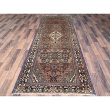 Load image into Gallery viewer, 3&#39;4&quot;x10&#39;1&quot; Porcini Brown, Old Persian 
Hussainabad Distressed 100% Wool Abrash Hand Knotted, Evenly Worn, Cleared, Sides and Ends Professionally Secured, Wide and Long Runner, Sheared Low and Cropped Thin Oriental Rug FWR516120