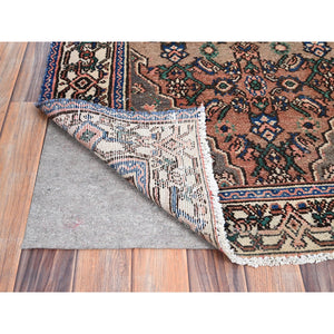 3'4"x10'1" Porcini Brown, Old Persian 
Hussainabad Distressed 100% Wool Abrash Hand Knotted, Evenly Worn, Cleared, Sides and Ends Professionally Secured, Wide and Long Runner, Sheared Low and Cropped Thin Oriental Rug FWR516120