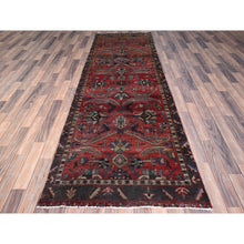 Load image into Gallery viewer, 3&#39;4&quot;x10&#39;5&quot; Tomato Red, Vintage Persian Heriz, Evenly Worn, Hand Knotted Sides and Ends Professionally Secured and Cleaned, Excellent Condition, Sheared Low, Oriental Wide Runner Rug FWR516144