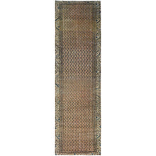 Load image into Gallery viewer, 3&#39;1&quot;x10&#39;5&quot; Burlywood Brown, Vintage Persian Sarouk Mir with Small Repetitive Botteh Design, Good Condition Distressed Pure Wool, Sheared Low Evenly Worn Hand Knotted, Wide Runner Oriental Rug FWR516156