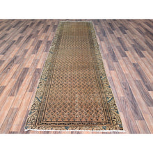 Load image into Gallery viewer, 3&#39;1&quot;x10&#39;5&quot; Burlywood Brown, Vintage Persian Sarouk Mir with Small Repetitive Botteh Design, Good Condition Distressed Pure Wool, Sheared Low Evenly Worn Hand Knotted, Wide Runner Oriental Rug FWR516156