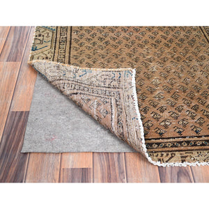 3'1"x10'5" Burlywood Brown, Vintage Persian Sarouk Mir with Small Repetitive Botteh Design, Good Condition Distressed Pure Wool, Sheared Low Evenly Worn Hand Knotted, Wide Runner Oriental Rug FWR516156