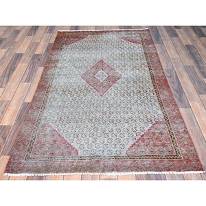 3'5"x6'2" Cameo Blue With Raspberry Red, Good Condition, Distressed Look Evenly Worn Natural Wool, Hand Knotted Semi Antique Persian Hamadan, Sides and Ends Secured, Professionally Cleaned, Oriental Rug FWR516306