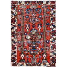 Load image into Gallery viewer, 4&#39;x5&#39;10&quot; Bullseye Red, Evenly Worn, Old Persian Bakhtiari With Vase and Earn Design, Professionally Cleaned and Sides and Ends Secured, Soft Wool Sheared Low, Excellent Condition Oriental Cropped Thin Rug FWR516324