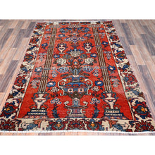 Load image into Gallery viewer, 4&#39;x5&#39;10&quot; Bullseye Red, Evenly Worn, Old Persian Bakhtiari With Vase and Earn Design, Professionally Cleaned and Sides and Ends Secured, Soft Wool Sheared Low, Excellent Condition Oriental Cropped Thin Rug FWR516324