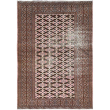 Load image into Gallery viewer, 4&#39;4&quot;x6&#39;1&quot; Spanish Villa Pink, Sheared Low and Distressed With Small Repetitive Design, Pure Wool Hand Knotted Worn Vintage Persian Tourkaman, Great Condition, Cleaned, Oriental Rug FWR516342