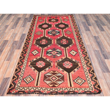 Load image into Gallery viewer, 3&#39;5&quot;x6&#39;10&quot; Lychee Red, Sheared Low and Cropped Thin, Good Condition Vintage Persian Shiraz With Wool Foundation, Sides and Ends Secured, Professionally Cleaned, Evenly Worn Pure Wool, Distressed Hand Knotted Oriental Rug FWR516372