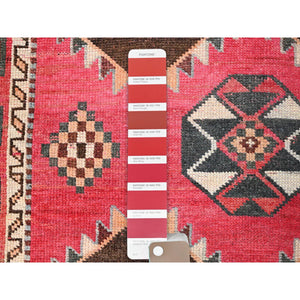 3'5"x6'10" Lychee Red, Sheared Low and Cropped Thin, Good Condition Vintage Persian Shiraz With Wool Foundation, Sides and Ends Secured, Professionally Cleaned, Evenly Worn Pure Wool, Distressed Hand Knotted Oriental Rug FWR516372