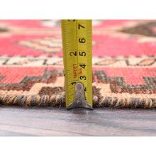 Load image into Gallery viewer, 3&#39;5&quot;x6&#39;10&quot; Lychee Red, Sheared Low and Cropped Thin, Good Condition Vintage Persian Shiraz With Wool Foundation, Sides and Ends Secured, Professionally Cleaned, Evenly Worn Pure Wool, Distressed Hand Knotted Oriental Rug FWR516372