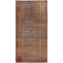 Load image into Gallery viewer, 3&#39;x6&#39;7&quot; Fenugreek Brown, Hand Knotted, Sheared Low, Vintage Worn Persian Baluch, Abrash, Sides and Ends Secured, Professionally Cleaned, Distressed All Wool, Oriental Rug FWR516378