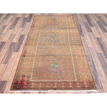 Load image into Gallery viewer, 3&#39;x6&#39;7&quot; Fenugreek Brown, Hand Knotted, Sheared Low, Vintage Worn Persian Baluch, Abrash, Sides and Ends Secured, Professionally Cleaned, Distressed All Wool, Oriental Rug FWR516378