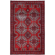 Load image into Gallery viewer, 4&#39;x6&#39;5&quot; Tomato Red, Hand Knotted 100% Wool Vintage Persian Baluch, Abrash, Evenly Worn Sheared Low, Distressed and Sides and Ends Secured, Professionally Cleaned, Cropped Thin, Oriental Rug FWR516408