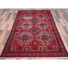 Load image into Gallery viewer, 4&#39;x6&#39;5&quot; Tomato Red, Hand Knotted 100% Wool Vintage Persian Baluch, Abrash, Evenly Worn Sheared Low, Distressed and Sides and Ends Secured, Professionally Cleaned, Cropped Thin, Oriental Rug FWR516408