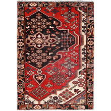 Load image into Gallery viewer, 3&#39;2&quot;x4&#39;10&quot; Ferrari Red, Vintage Persian Bakhtiari Fragment, Sides and Ends Secured, Professionally Cleaned, Evenly Worn Natural Wool, Distressed Look, Sheared Low and Cropped Thin, Oriental Excellent Condition Rug FWR516480