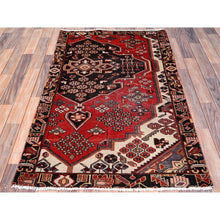 Load image into Gallery viewer, 3&#39;2&quot;x4&#39;10&quot; Ferrari Red, Vintage Persian Bakhtiari Fragment, Sides and Ends Secured, Professionally Cleaned, Evenly Worn Natural Wool, Distressed Look, Sheared Low and Cropped Thin, Oriental Excellent Condition Rug FWR516480