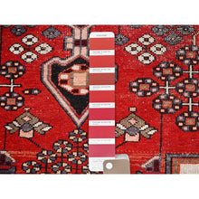 Load image into Gallery viewer, 3&#39;2&quot;x4&#39;10&quot; Ferrari Red, Vintage Persian Bakhtiari Fragment, Sides and Ends Secured, Professionally Cleaned, Evenly Worn Natural Wool, Distressed Look, Sheared Low and Cropped Thin, Oriental Excellent Condition Rug FWR516480