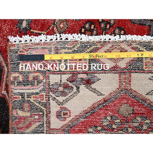 3'2"x4'10" Ferrari Red, Vintage Persian Bakhtiari Fragment, Sides and Ends Secured, Professionally Cleaned, Evenly Worn Natural Wool, Distressed Look, Sheared Low and Cropped Thin, Oriental Excellent Condition Rug FWR516480